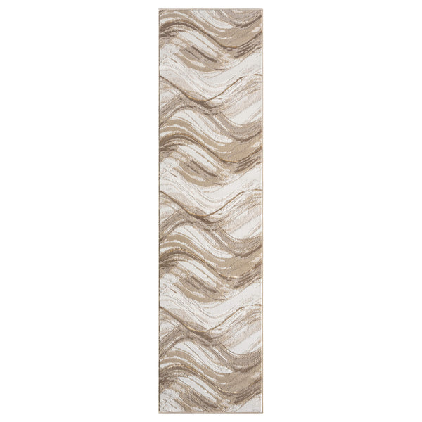 Beige and brown modern runner rug with wavy abstract pattern and textured polyester weave.