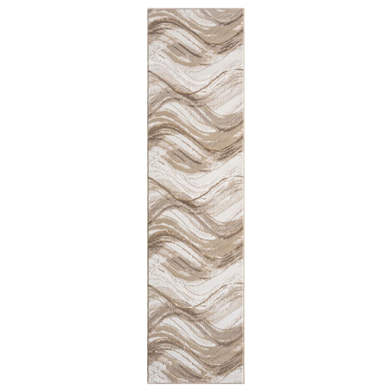 Beige and brown modern runner rug with wavy abstract pattern and textured polyester weave.
