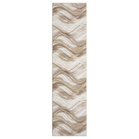 Beige and brown modern runner rug with wavy abstract pattern and textured polyester weave.