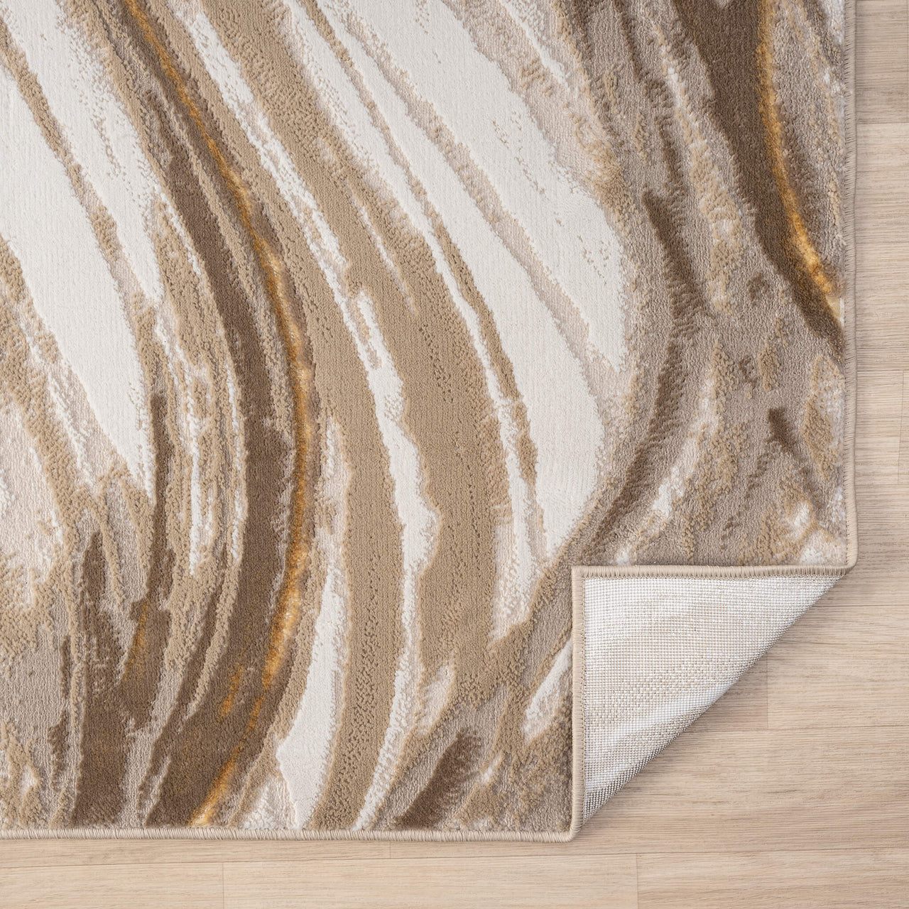 Beige and brown abstract wave-patterned runner rug with a textured polyester blend surface and finished edges.