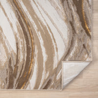 Beige and brown abstract wave-patterned runner rug with a textured polyester blend surface and finished edges.