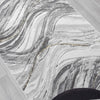 Grey and white runner rug with abstract wavy pattern and subtle gold accents.