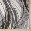 Grey runner rug with abstract wavy pattern in white, black, and gold accents, power-loomed polyester.