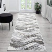 Grey and white runner rug with wavy abstract multi-colour pattern and subtle beige accents.