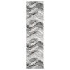 Grey multi-color runner rug with abstract wavy pattern in black, white, and beige tones.