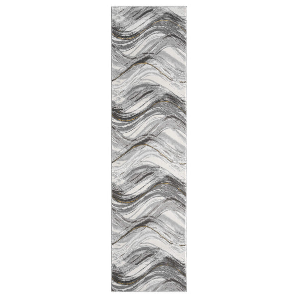 Grey multi-color runner rug with abstract wavy pattern in black, white, and beige tones.