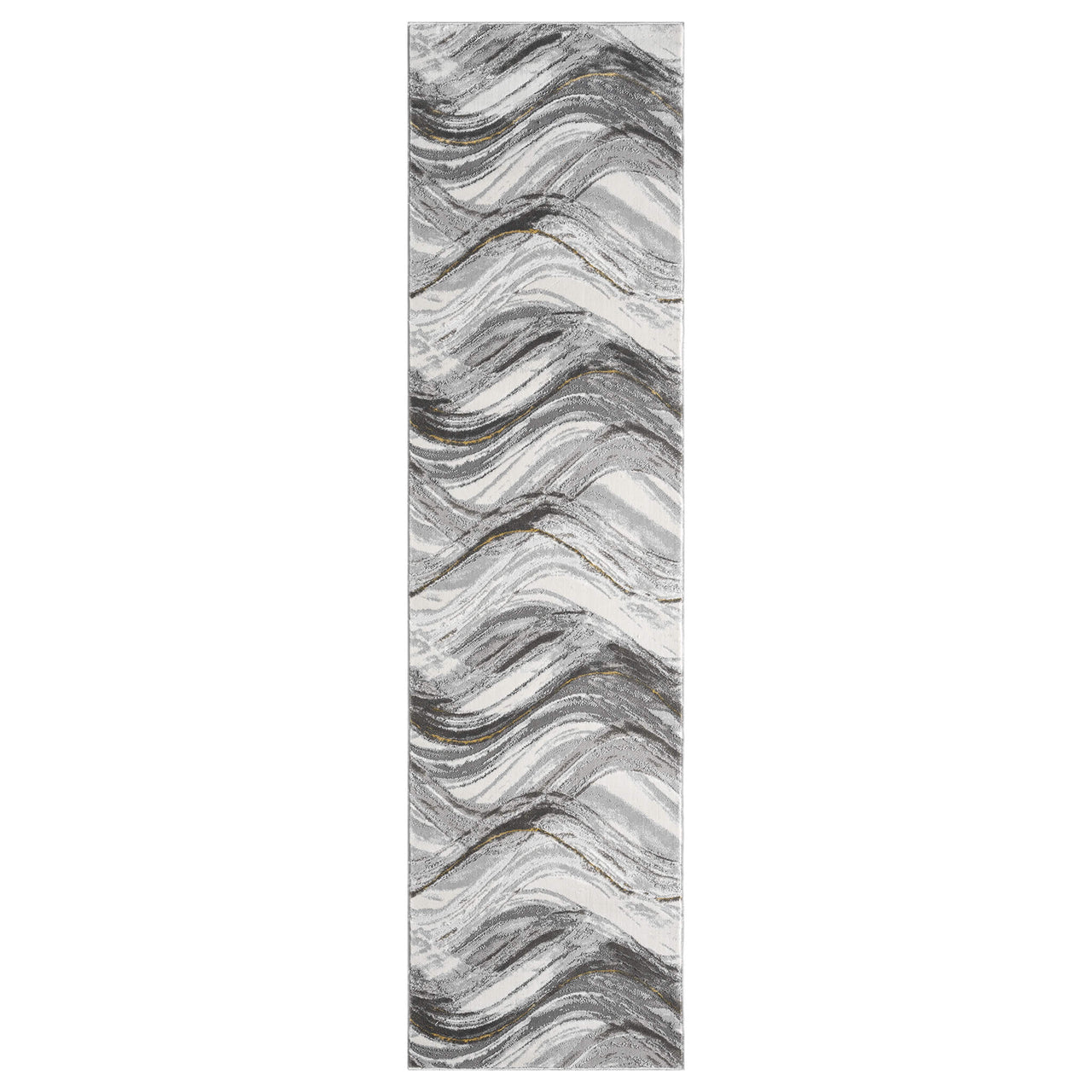 Grey multi-color runner rug with abstract wavy pattern in black, white, and beige tones.