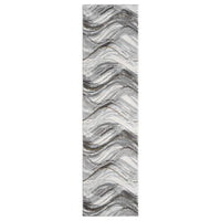 Grey multi-color runner rug with abstract wavy pattern in black, white, and beige tones.