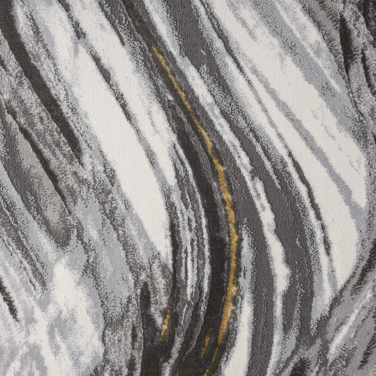 Grey modern abstract rug with wavy multi-color patterns and subtle gold accents.