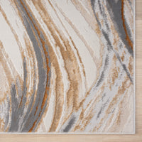 Beige runner rug with abstract wavy pattern in brown, gray, and cream tones, power-loomed polyester-polypropylene blend.