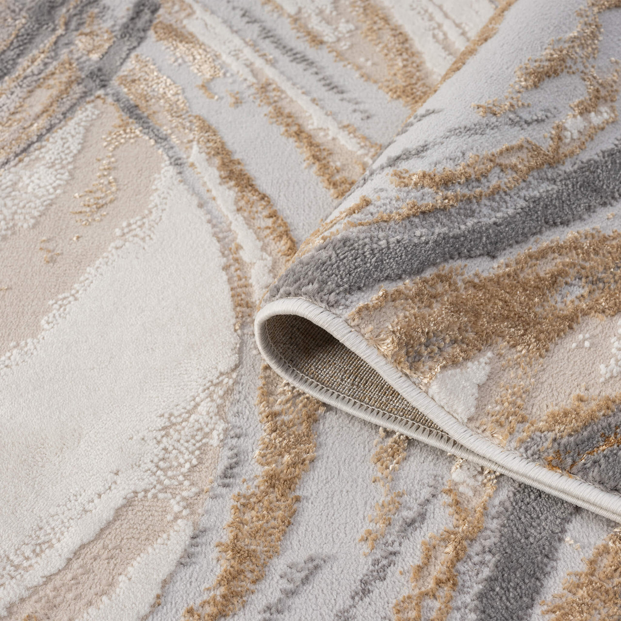 Beige runner rug with abstract wave pattern in shades of gray, brown, and cream, textured polyester weave.
