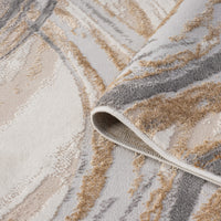 Beige runner rug with abstract wave pattern in shades of gray, brown, and cream, textured polyester weave.