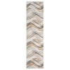 Beige runner rug with abstract wavy pattern in shades of gray, brown, and cream.
