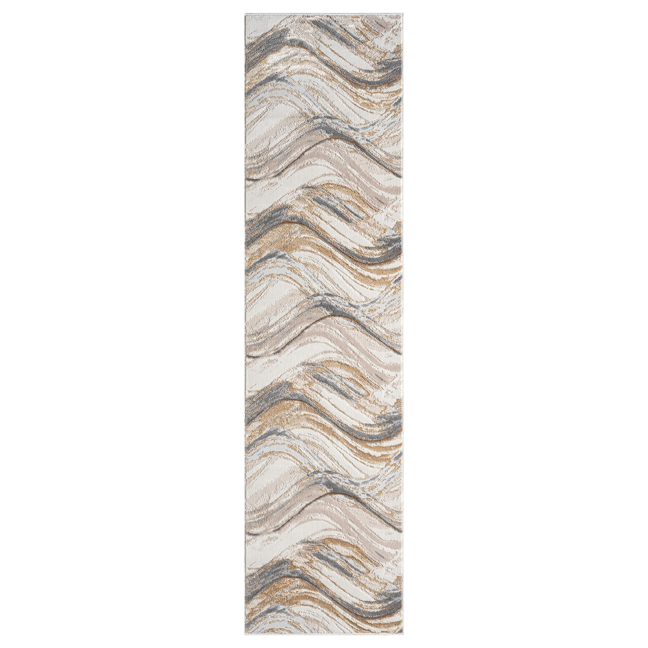Beige runner rug with abstract wavy pattern in shades of gray, brown, and cream.