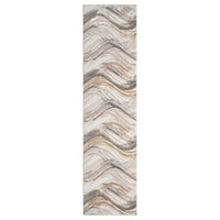Beige runner rug with abstract wavy pattern in shades of gray, brown, and cream.