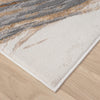 Beige modern rug corner with multi-color wavy abstract pattern and clean edges on wooden floor.