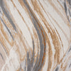 Beige modern rug with abstract wavy pattern in brown, gray, and cream tones.