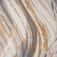 Beige modern rug with abstract wavy pattern in brown, gray, and cream tones.