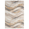 Beige modern rug with abstract wavy pattern in gold and gray tones.