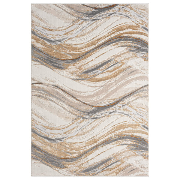 Beige modern rug with abstract wavy pattern in gold and gray tones.