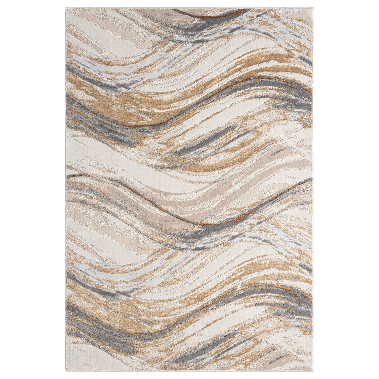 Beige modern rug with abstract wavy pattern in gold and gray tones.