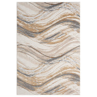 Beige modern rug with abstract wavy pattern in gold and gray tones.