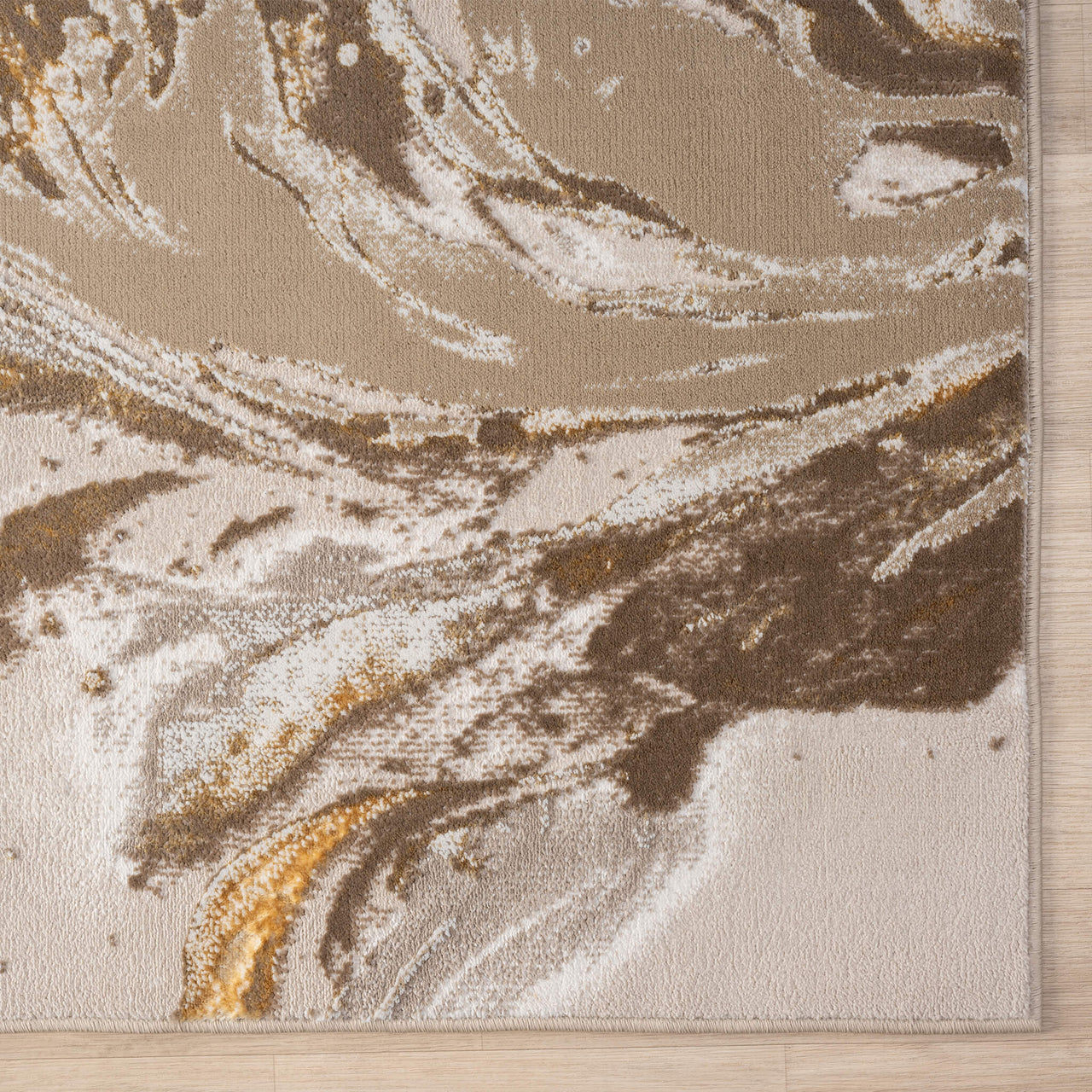 Beige runner rug with abstract gold, brown, and cream multi-color swirls and a soft polyester texture.