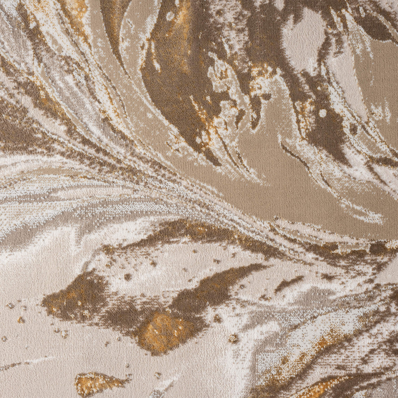 Beige runner rug with abstract swirling patterns in gold, brown, and cream tones, polyester blend.