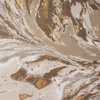 Beige runner rug with abstract swirling patterns in gold, brown, and cream tones, polyester blend.