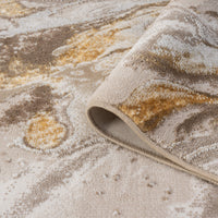 Beige runner rug with gold, brown, and gray abstract patterns, power-loomed polyester blend.