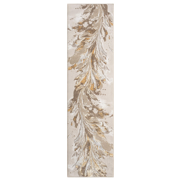 Beige runner rug with gold and taupe abstract feather pattern on a textured background.