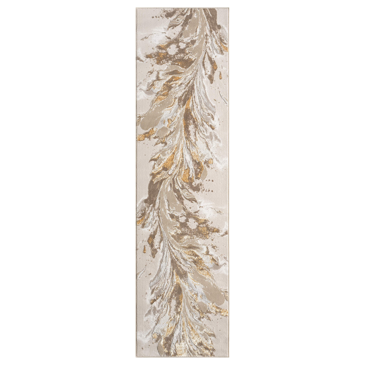 Beige runner rug with gold and taupe abstract feather pattern on a textured background.