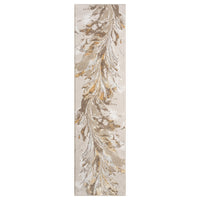 Beige runner rug with gold and taupe abstract feather pattern on a textured background.