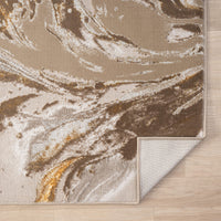 Beige runner rug with swirling abstract patterns in gold, cream, and taupe tones, power-loomed texture.