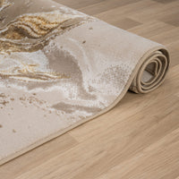 Beige gold modern runner rug with abstract multi-colour pattern in soft polyester blend.