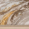 Beige runner rug with abstract gold and brown swirling pattern on polyester blend material.