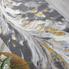 Grey runner rug with abstract swirling pattern in white and gold tones, polyester blend texture.