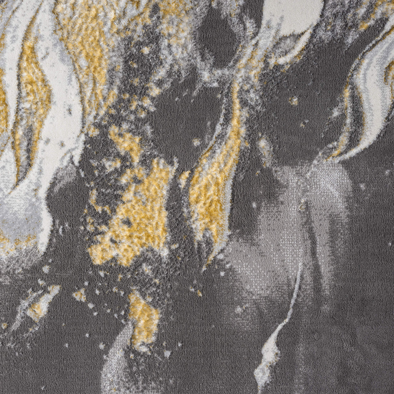 Grey runner rug with abstract swirling patterns in mustard yellow, white, and black tones.