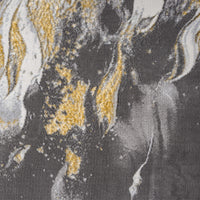 Grey runner rug with abstract swirling patterns in mustard yellow, white, and black tones.