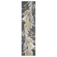 Grey runner rug with abstract feather-like patterns in white and gold tones.