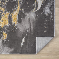 Grey modern runner rug with abstract multi-color pattern in yellow, white, and beige on a flat woven polypropylene texture.