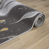 Rolled modern runner rug with grey base featuring abstract multi-colour pattern and soft texture.