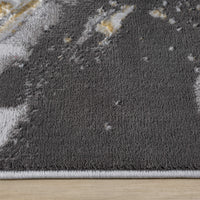 Grey runner rug with abstract multi-colour pattern in white and yellow tones, soft textured polyester surface.