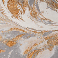 Abstract beige runner rug with swirling multi-color patterns in gold and gray tones.