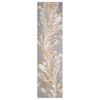 Beige runner rug with abstract flowing leaf pattern in gold and white on gray background.