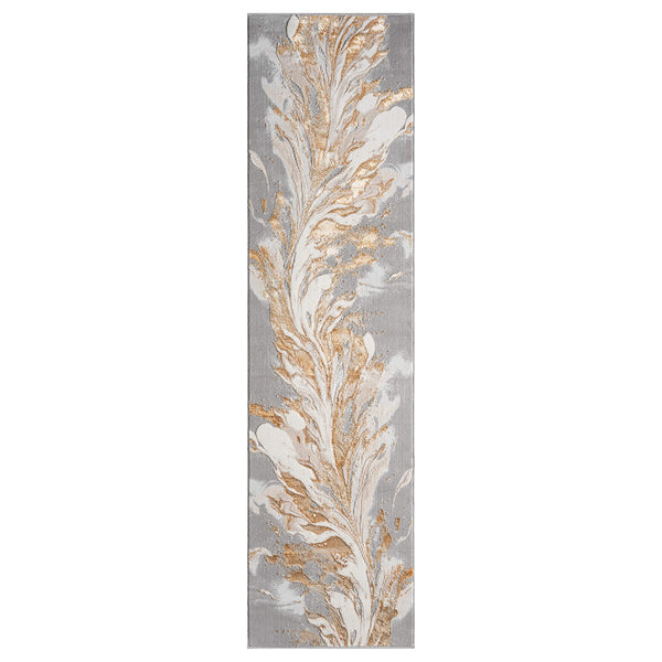 Beige runner rug with abstract flowing leaf pattern in gold and white on gray background.