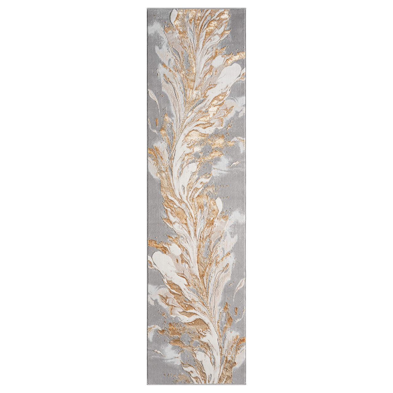 Beige runner rug with abstract flowing leaf pattern in gold and white on gray background.