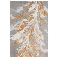 Beige modern rug with abstract flowing gold and white leaf-like patterns on a gray background.