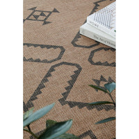 Patterned rug with geometric designs and a book and plant on top.