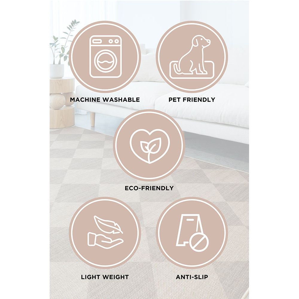 Product features of our Augusta 1754 Tribal Patterned Modern Machine Washable Rug with icons and text.